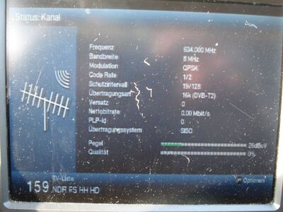 2017_04_01_PCH2_001.JPG
Das neue DVB-T2 ist da!
NDR Hamburg, K41, sendet in QPSK mit nur einem Programm (das Signal war kurz weggefadet).
Schlüsselwörter: TV DX Tropo Überreichweite DVB-T2 HEVC DTT digital UHF NDR Hamburg K41 FTA Parameter