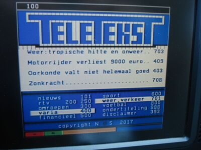 2017_05_29_PCH2_009.JPG
VT ("Teletekst") der NPO-Programme, NPO 1, Digitenne 1 NPO Drenthe, Hoogersmilde, K60v
Schlüsselwörter: TV DX Tropo Überreichweite DVB-T DTT digital UHF Niederlande Nederland Digitenne1 NPO Teletext Videotext VTTteletekst FTA