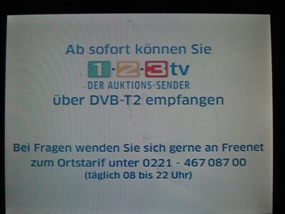 2018_10_22_PCH2_002.JPG
Lokalmux Berlin, K47 (DVB-T alt): 1-2-3.tv hat den Sendebtrieb via DVB-T alt eingestellt, da der Shopping-Sender jetzt via Freenet Mux 3 empfangbar ist. Auf K47 ist nur noch diese Hinweistafel zu sehen.
Schlüsselwörter: TV DVB-T DTT Berlin Lokalmux K47 MPEG2 1-2-3.tv Abschaltung Hinweistafel