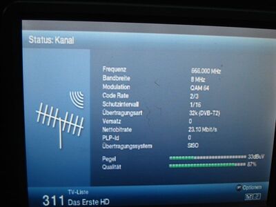 2017_07_10_PCH3_004.JPG
Sendeparameter und Empfang MDR 1, SFN Brocken/Magdeburg, K45v
Schlüsselwörter: TV DX Tropo Überreichweite DVB-T2 DTT digital UHF HEVC MDR1 Das Erste Brocken Magdeburg K34 Parameter